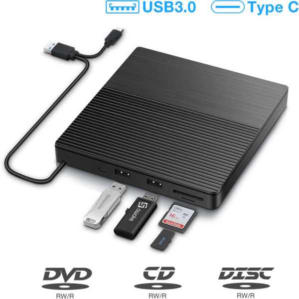 C-tyypin ja USB 3.0 -kannettava CD/Dvd +/- Rw-poltinlukijasoitin, jossa on SD-TF-kortinlukija ja USB -muistitikku kannettavalle tietokoneelle, pöytäkoneelle, IOS:lle, Wi-Fi:lle