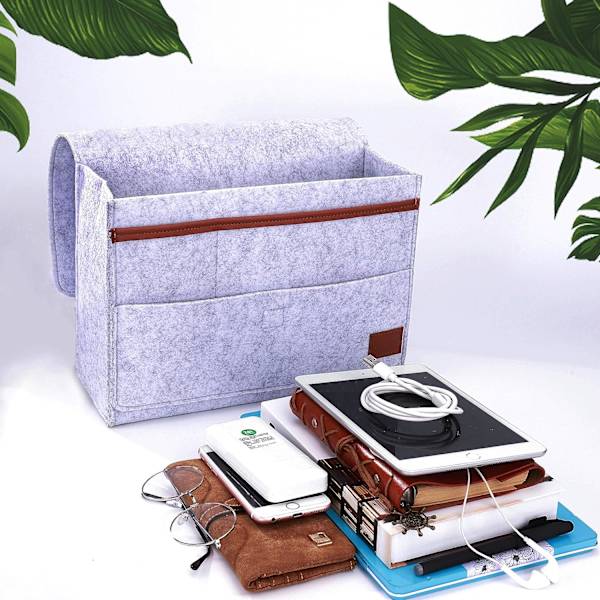 Grå Caddy Organizer, Filt Säng Caddy Sängficka Förvaringspåse för Telefon, Fjärrkontroll, Dagbok, Penna, Tidskrift, Glasögon