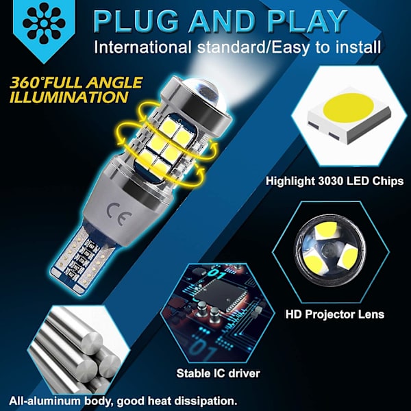 T15 W16W 12V-24V (2 stk.) LED-bilpære 921 912, 800Lm Hvid 6500K, Til bil LED-baklys, Parkering, Baklygte.