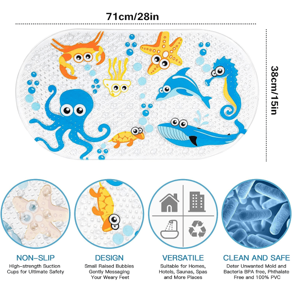 71x38 cm skridsikker bademåtte til børn med sugekopper (elefant)
