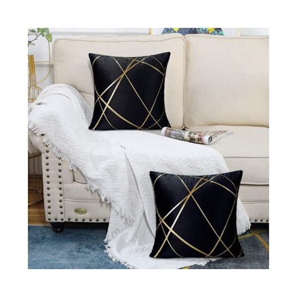 45×45 cm Sort Fløjl Dekorativ Pude Betræk Gyldne Linjer Geometri Pude Stue Soveværelse Bænk Sofa Pudebetræk Sæt med 2