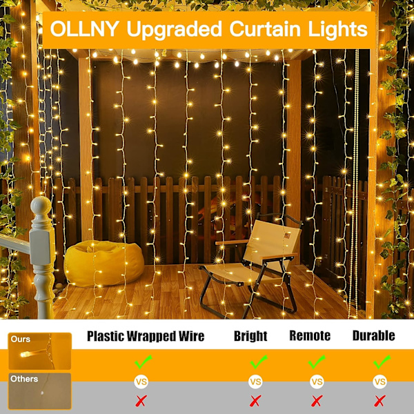 Indendørs julegardinlys - Varm hvid 300 LED 3m x 3m USB-drevne julelys 8 tilstande/timer/fjernbetjening til udendørs/soveværelse/par