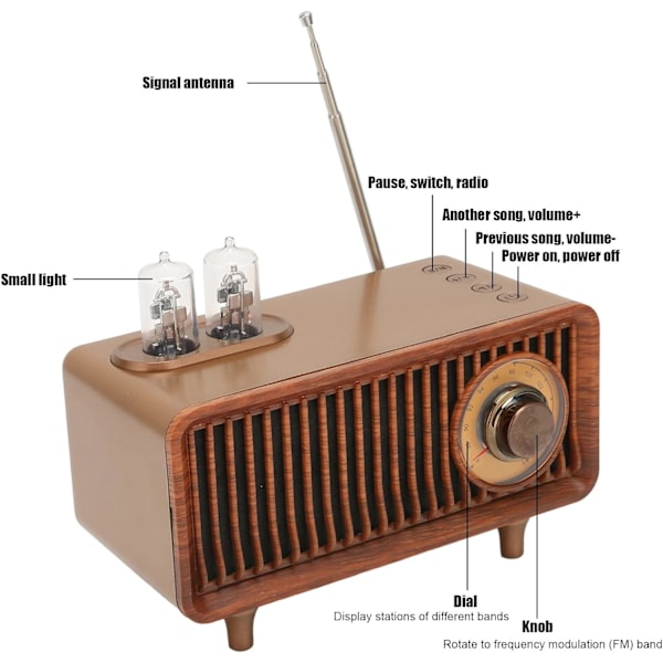 Trådlös Bärbar Stereo Minneskort USB Flash Drive AUX Retro Radio Högtalare med LED-lampa, Trä Bluetooth 5.0 Radio (Trä)