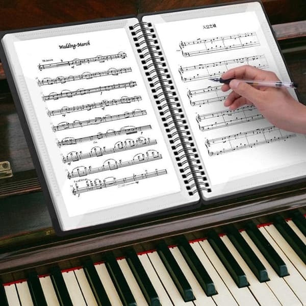 Notställ 40 sidor, A4-format, plast, hopfällbar, vattenavvisande, med innerficka för noter, för piano, gitarr och fiol