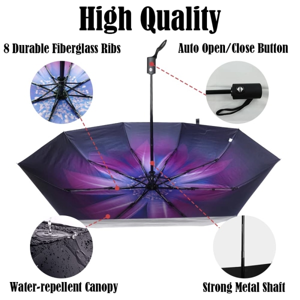 Kompakt rejseparaply-lilla orkidé-vindtæt vandtæt stavparaply Anti-UV golfparaply