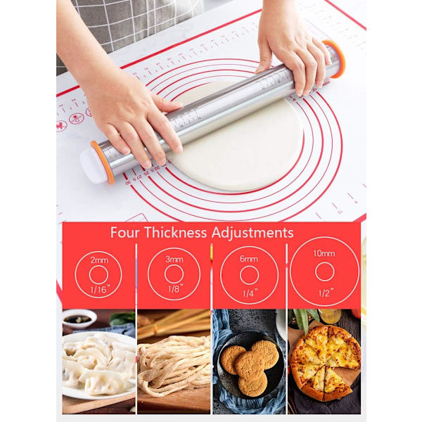 Non-Stick Kagerulle, Rustfrit Kagerulle med Justerbare Skiver og Målemærkning Silikone Bagemåtte