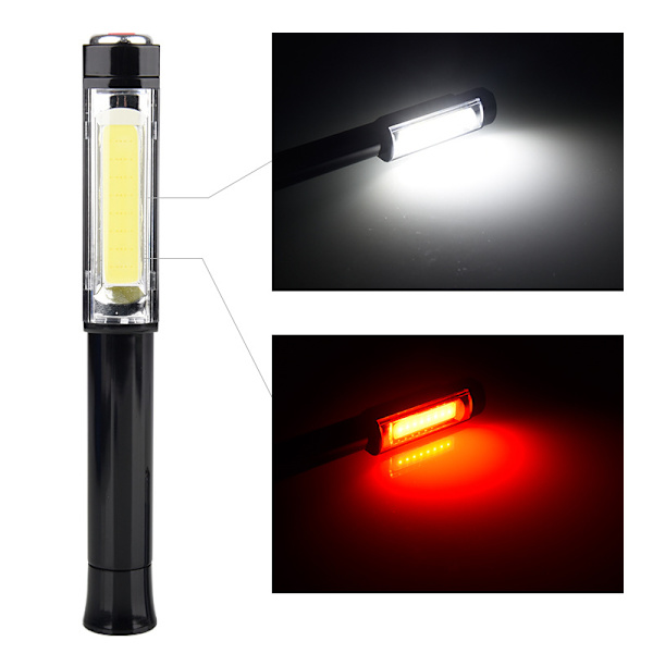 3W LED inspektionslys med klips og magnet, 400 lumen COB lommelygte til bilreparation, garage, fiskeri, nødsituation. Blinkende rødt lys, sort