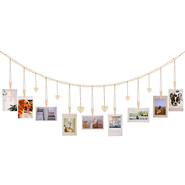 Hengende fotodisplay veggdekor med treklemmer og trehjertetag fotohenger for hjem, soverom, kontor, barnehage, sovesaldekor