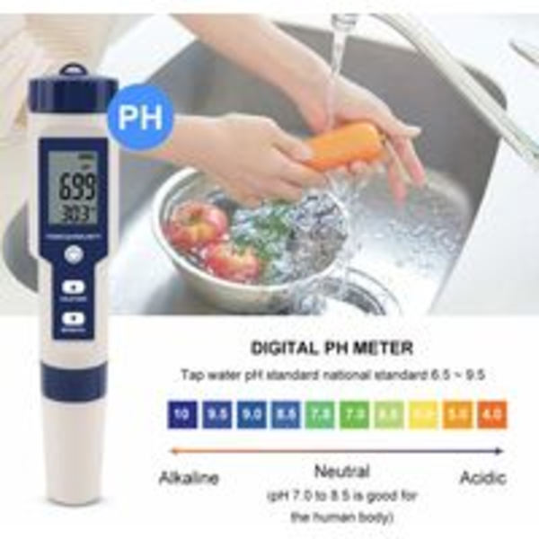 Triomphe Vandtester 5 i 1 Multifunktionel Vandkvalitetstester, Digital TDS/EC/Salinitet/PH/Temperatur til Drikkevand, Pool, Akvarium, Fisk T