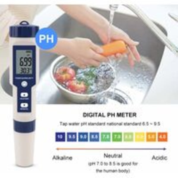 Triomphe vanntester 5 i 1 multifunksjonell vannkvalitetstester, digital TDS/EC/salinitet/PH/temperatur for drikkevann, svømmebasseng, akvarium