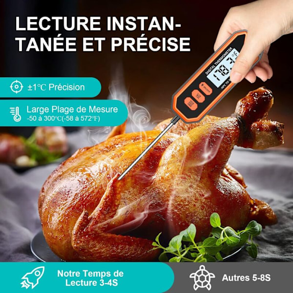 Vattentäta termometrar för kök, Cuison termometer med låsfunktion och 14,2 cm sond, LCD-skärm, hög precision för matlagning, kött, socker, grillning, st