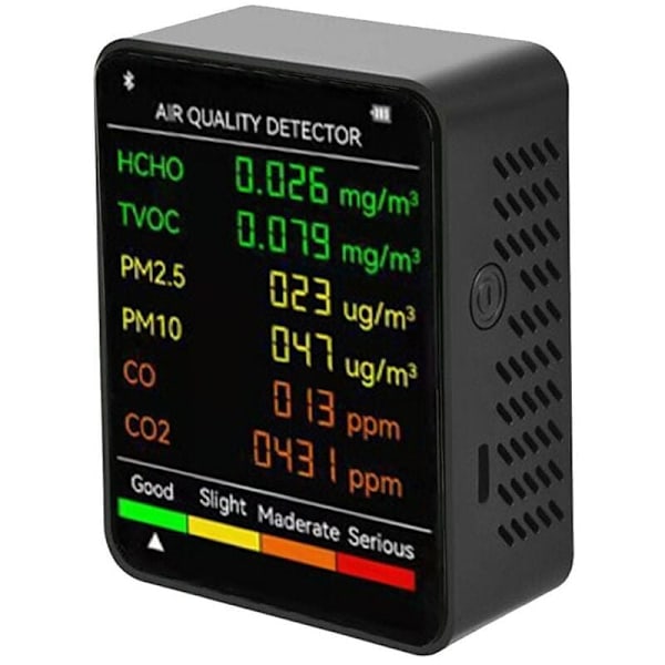 6 in 1 pm2.5 pm10 HCHO TVOC CO CO CO2 Monitoori monitoiminen ilmanlaadun CO CO DIOKSIDI FORMALDEHYDI LCD LAP LOW LOCAL WORK HOTE HOTE Offi