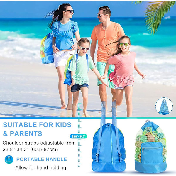 Mesh Strandleksaksväska, Strandleksak Förvaringsväska Stor Nylon Dragsnöre Barn Ryggsäck Hopvikbar Mesh Strandväska, för att bära leksaker och handdukar (Blå)