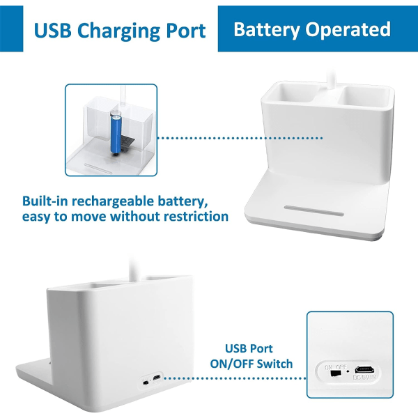 5W LED-skrivebordslampe, 3 lystilstande og 3 justerbar lysstyrke, USB-genopladelig børneskrivebordslampe, fleksibel svanehals, med penneholder og mobiltelefonholder, hvid