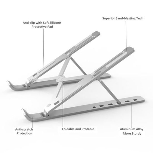 Sølv Aluminium 2-delt Ventileret Laptop Stativ, Ergonomisk Sammenklappelig Skrivebordsstativ til Macbook-Ipad-Notebook-Tablet