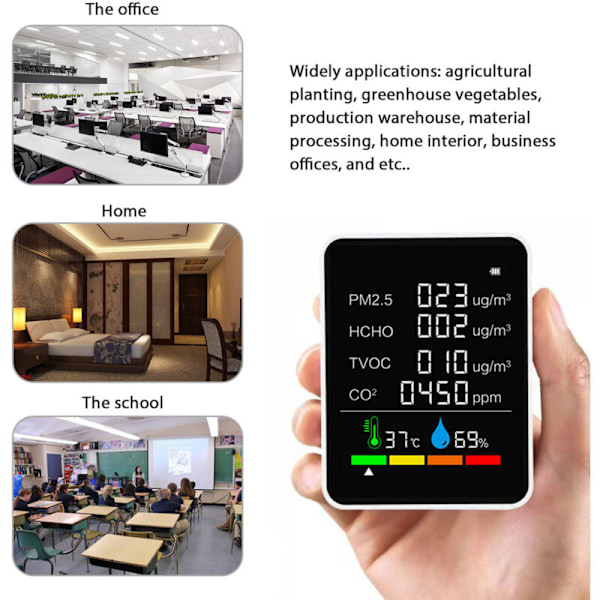 Innenlands luftkvalitetsdetektor Multifunksjonell CO2-tester med karbondioksid PM2.5 TVOC HCHO-verdi HUNTLE MUNITITY Temperaturvisning LCD Farge Relat