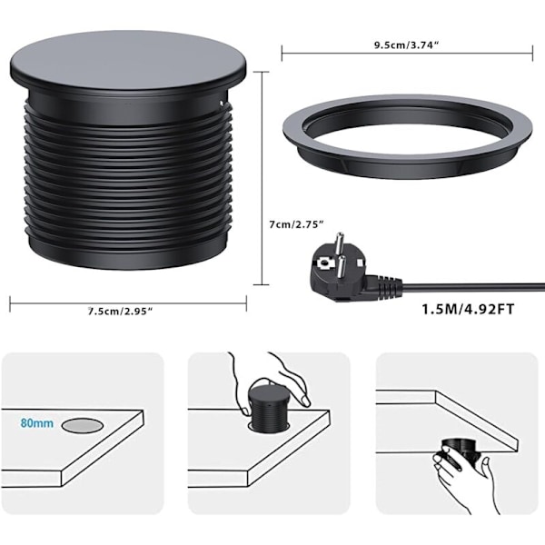 Upotettava pistorasia, upotettava pistorasia 1 pistorasialla, 1 USB-C-portilla, 1 USB-A-portilla, 75 mm halkaisija, 1,5 m kaapeli, pöytäpistorasia keittiöön, toimistoon, F