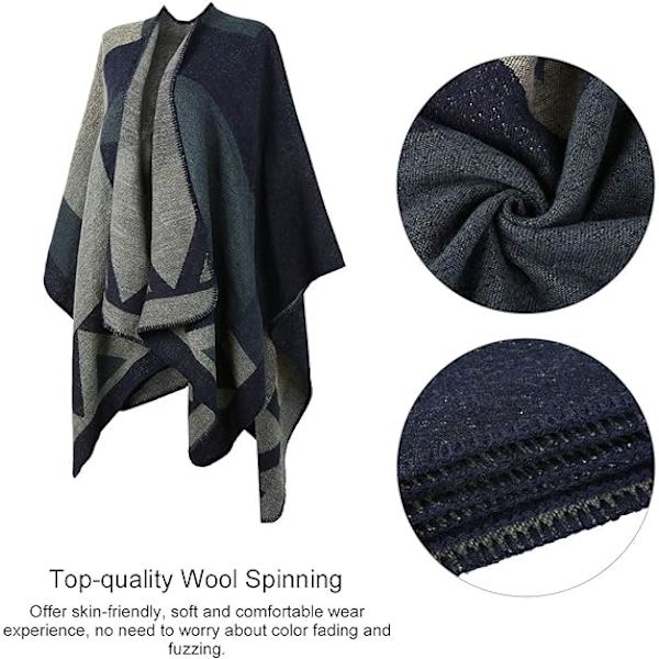 Dame Varm Åpen Front Cardigan Stilig Elegant Strikket Høst Ull Spun Rutete Genser Fleece Skjerf Jakke(blå)