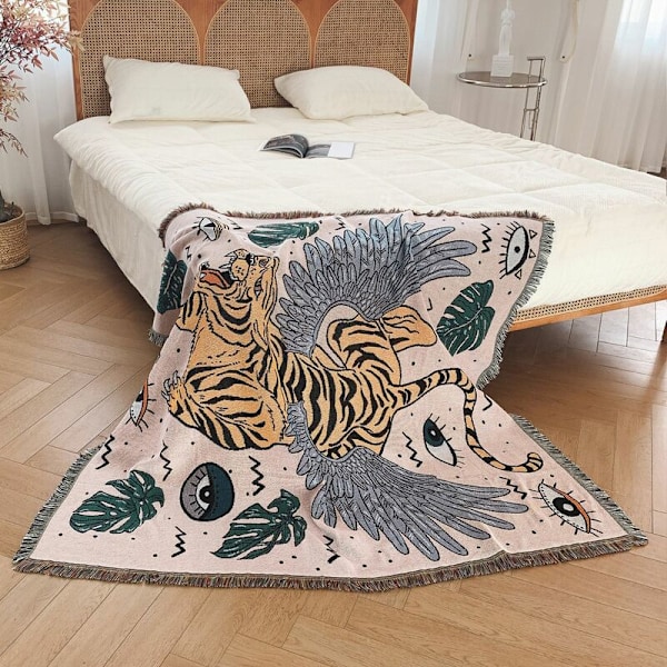 1 stk. 160x130cm Plaid Tiger Plaid Tiger dekoreret med komfortable, simple boheme-frynser beskytter mod kulde til sofa Sofa til hvile og lur