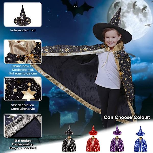 Halloweenin velhoviitta, noitaviitta ja hattu, lasten velhoviitta, taikuri viitan hatulla, noitaviitta naamiaisasu lapsille pojille tytöille cosplay-juhliin