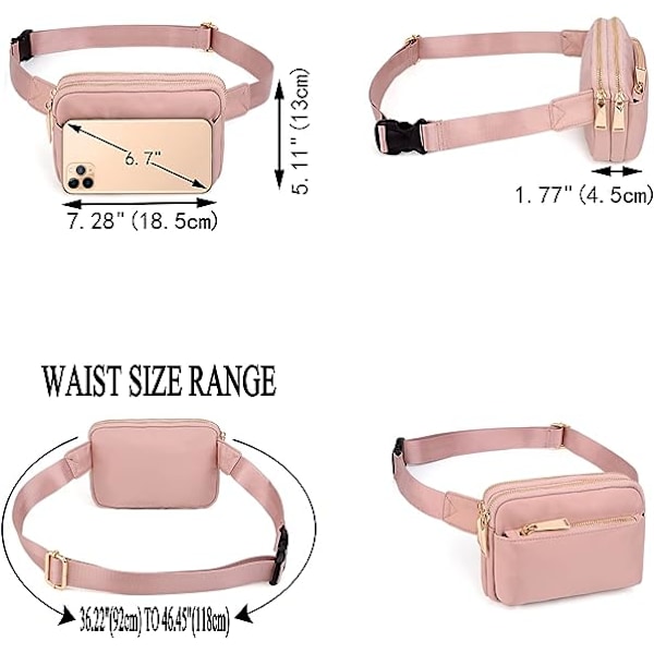 Midjeväska för kvinnor (rosa), midjeväska för män, vattentät och elegant, lätt och chic, med 3 dragkedjefickor