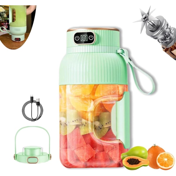 Juicing Kop, Bærbar Juicing Kop med Digitalt Display, Frugt Blender Juicer, Milkshake og Smoothie, Trådløs Bærbar Blender Genopladelig (Grøn)