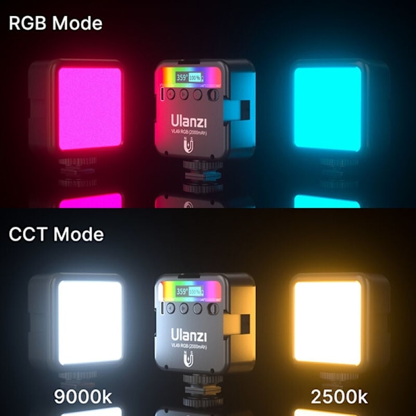 RGB VL49 RGB Videovalo, 360° LED-kameralamppu, Kannettava värivalokuvausvalo 3 kylmäkenkäkiinnikkeellä, säädettävä kirkkaus, ladattava 2000 mAh 250