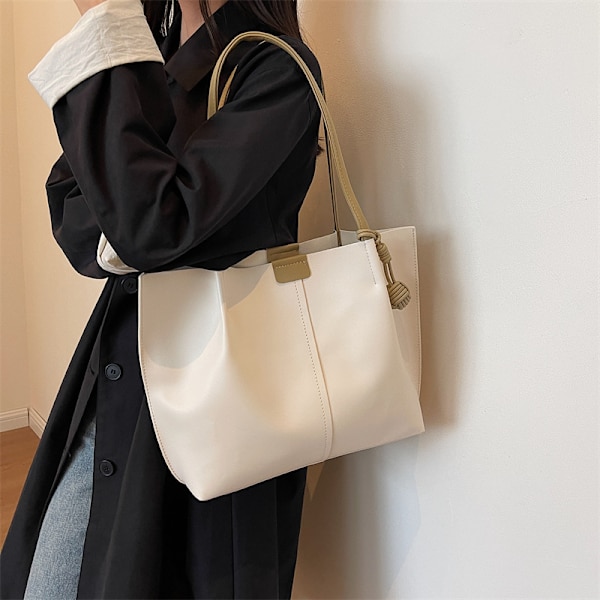 Pendlarväska dam mode mångsidig axelväska enkel stor handväska (off-white med khaki)