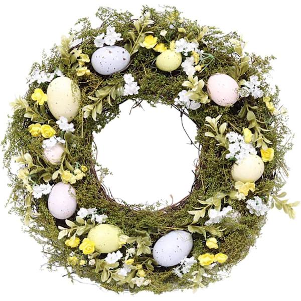 (Grön) 15,75\" Påskäggskrans för påsk, helgdagar, fester, väggdekor Rattan vårkrans med blandade blommor, grenar och rosa ägg.
