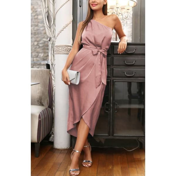 Kvinder 2023 sommer plisseret kjole, ærmeløs one shoulder wrap satin snørebånd cocktail midi kjole