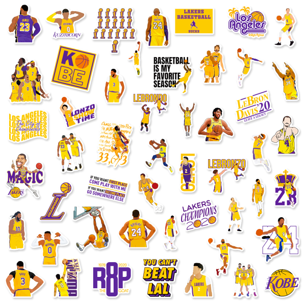 50 kpl Los Angeles Lakersin koripallojoukkueen tarroja NBA Combo -sarja vesipulloille, mukeille, matkatavaroille, rullalaudoille, puskureille, leikekirjoille, kupeille, lahjatarra lapsille