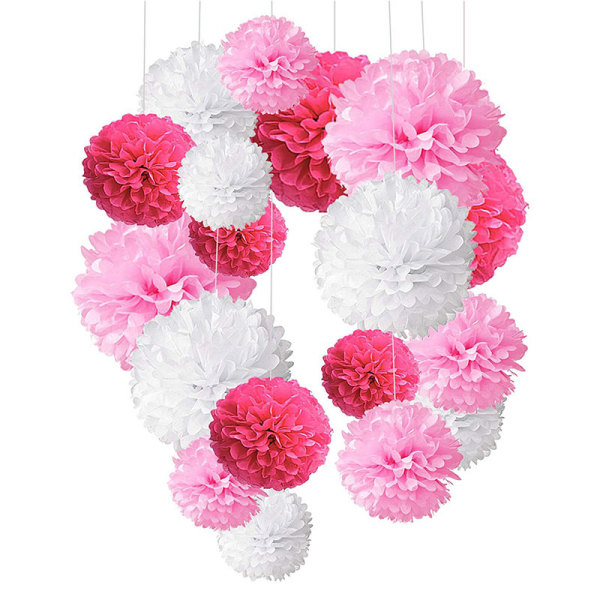 18 rosa blomsterpompoms för en flickas dop, silkespapperspompoms. Dekoration för en födelsedag eller en babyshower