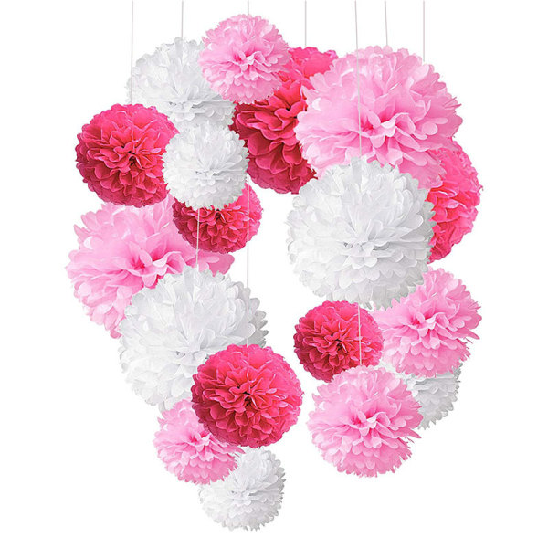 18 rosa blomsterpomponger til jentedåp, silkepapirpomponger