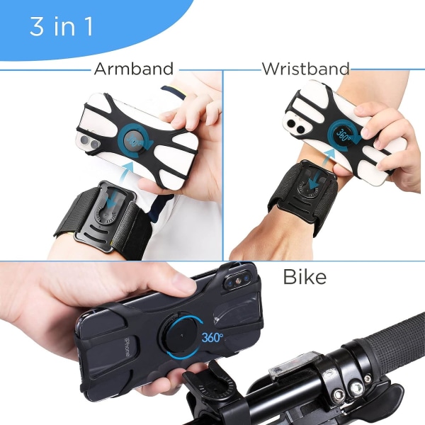 Rem - Sort, cykelarm og styr 3 i 1 Universal Smartphone Holder op til 7'' tommer med 360° rotation Gym Jogging Cykling iPhone X 11 12 Pro Ma