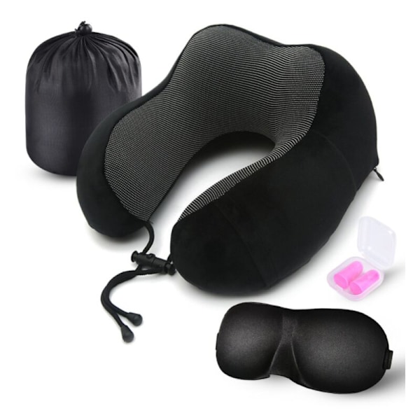 Resekudde, cervikalkudde 100% memory foam, med bekvämt och ventilerande överdrag, uppfriskande kudde för flygreseset, med 3D-ögonmask, mössa