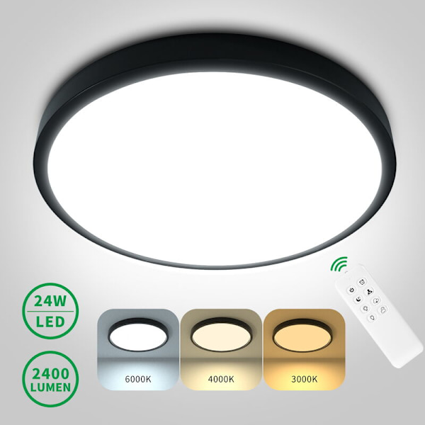 Anten Svart LED-taklampe Dimbar Ultra-tynn 24W Taklampe med Fjernkontroll IP40 Taklampe Fargetemperatur Justerbar LED-taklampe