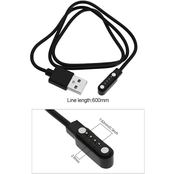 2-pack USB till 4-pin magnetisk laddningskabel för smartklocka, fitness tracker, kontaktkabel 7,62 mm pinnavstånd 60 cm längd svart
