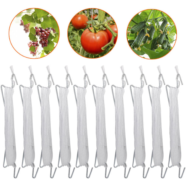 Paket med 10 tomatkrokar med snöre, för tomater och gurkor, växthus för andra grönsaker, 10 m vitt snöre