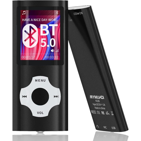 Svart MP3-spelare med Bluetooth 5.0, ultratunn 1,8 tums LCD-skärm