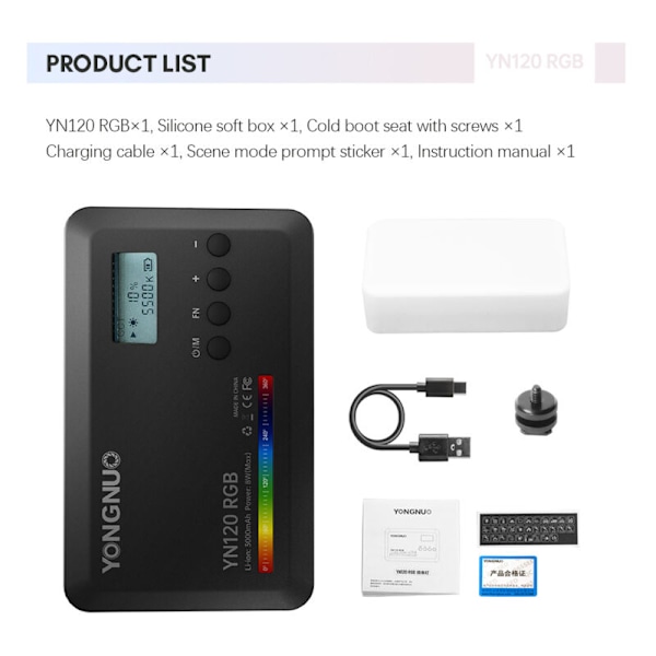 Yongnuo yn120 RVB 8 W fotograferingslampe Bicolor LED lommelampe Vlog Fargetemperatur 2500 K-9900 K Variabel intensitet med LCD-skjerm 0.96 pb