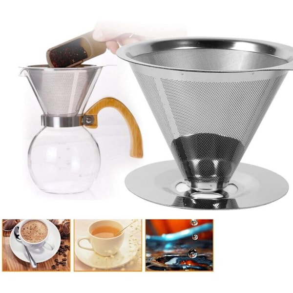 Permanent kaffefilter med høy presisjon i 304 matkvalitet, gjenbrukbart 304 rustfritt stål, med dobbel rustfri stålmaske og silikonhåndtak