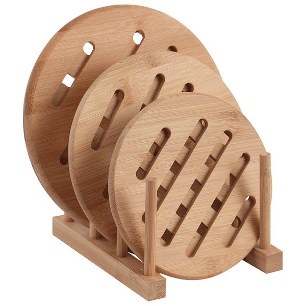 2 stk varmebestandige gryteunderlag i bambus med rutenett (rund, medium, 17 cm)
