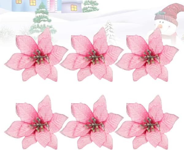 6 stk. Kunstig glitterkrans til jul, juletrepynt (rosa)