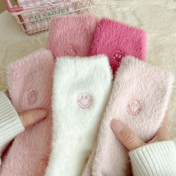 5 par rosa smiley dam vintertjockade strumpor plus sammet varma sova strumpor plysch mid-calf golv strumpor