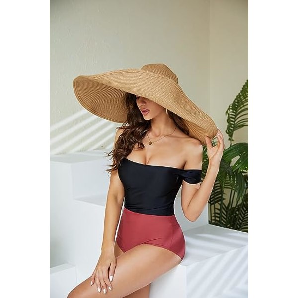 Kvinnors Oversized Strandhatt för Stranden, Fashion Stor Bred Brätte Solhatt - Handrullad Mjuk Solskydd Sommar Strandhatt -57 cm