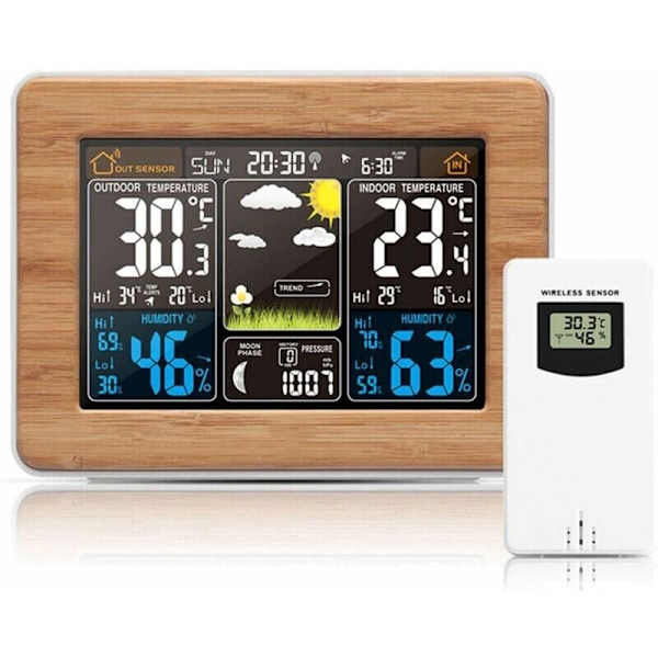 Trådlös väderstation med barometer/väderprognos/varning, färgskärm inomhus/utomhus multifunktionsklocka termometer hygrometer