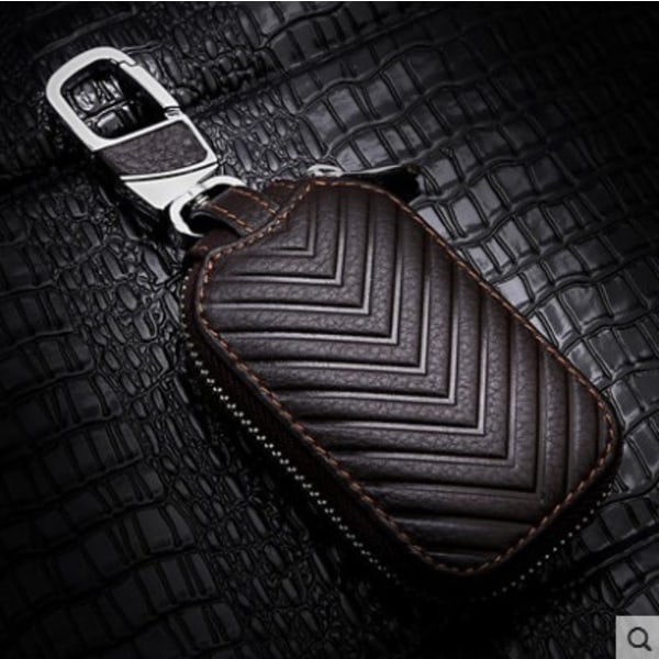 Bilnøgletaske i ægte læder Car Smart nøglering nøglering cover Fjernbetjening nøgleholder Pung lynlås etui (mørkebrun)