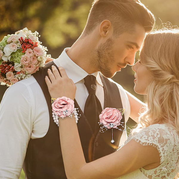 Rose - 2PCS Håndleds Corsage Bryllup Corsage Perle Armbånd Rhinestone Rød Rose Kunstig Blomst Håndleds Corsage Brudepige Blomst Bryllup Armbånd