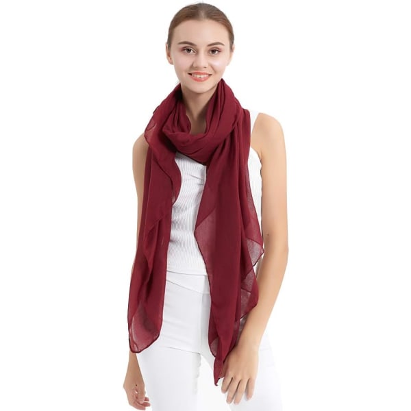 （Rød） Ensfarvet bomuld til kvinder, stort gennemsigtigt sjal tørklæde omslag til