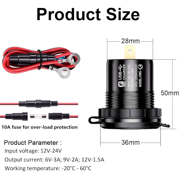 QC3.0 Vandtæt Motorcykel Bil USB Oplader, 12/24V Aluminium Legering Dobbelt USB Oplader Stik, med Strømbryder og LED Voltmeter til Biler, Både, ATV'er